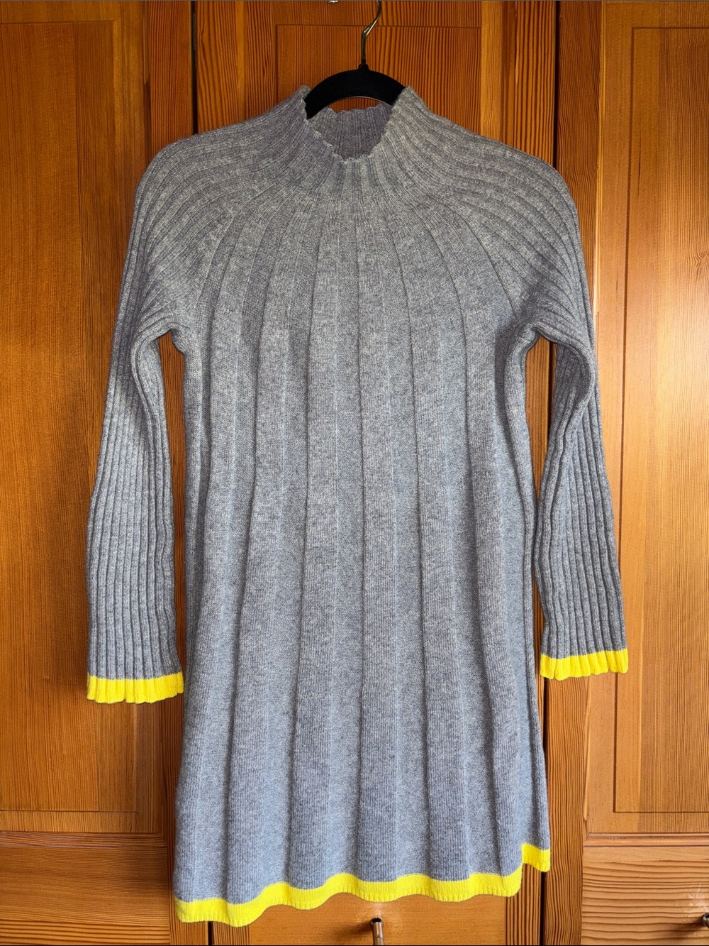 Anthropologie Gray Ribbed Long-Sleeve Dress with Yellow Trim